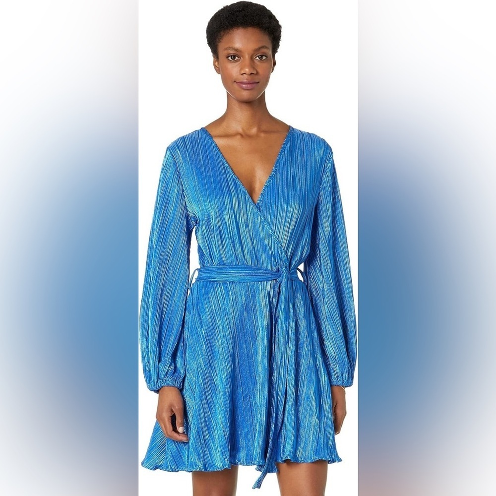 *BARDOT* Metallic Blue Bellissa Pleated Long Sleeve Wrap Mini Dress Size 4